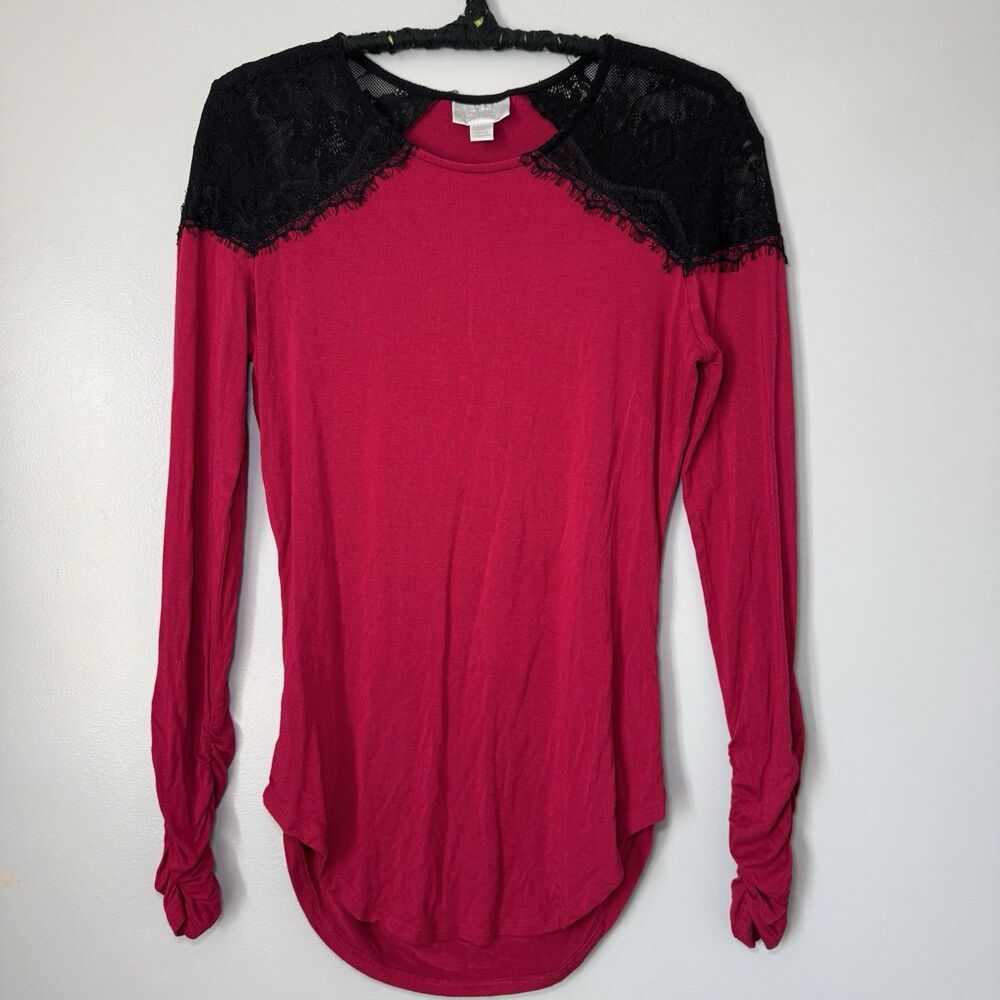 Vintage Bisou Bisou Red Ruched Lace Panel Long Sleeve Top Y2K Sz Medium